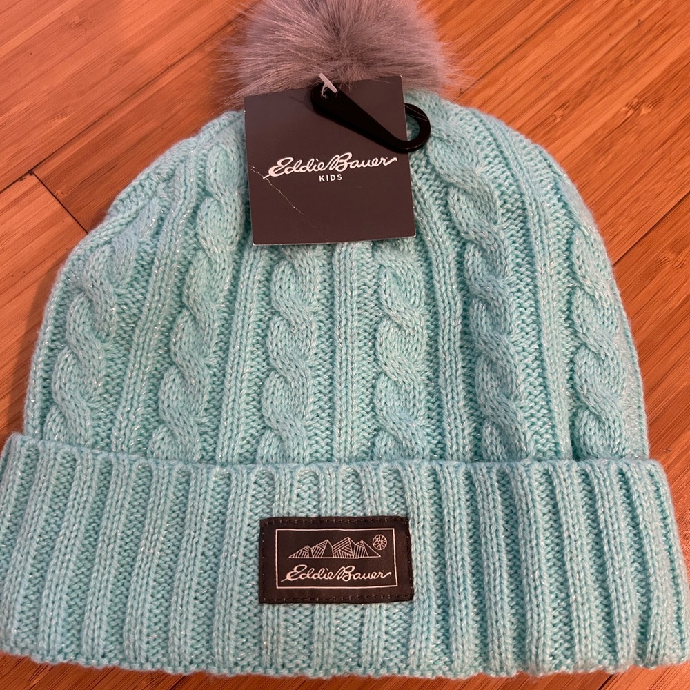 Eddie Bauer Blue and Gray Cable Knit Beanie Hat
